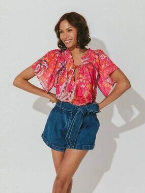 Cleobella Ayaz Hibiscus Print Blouse 100% Organic Cotton Bohemian Pink - Large